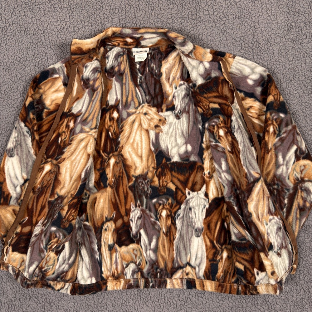 Vintage BonWorth Horse Print Fleece Jacket Womens XS Brown Full Zip Equestrian - Picture 4 of 10